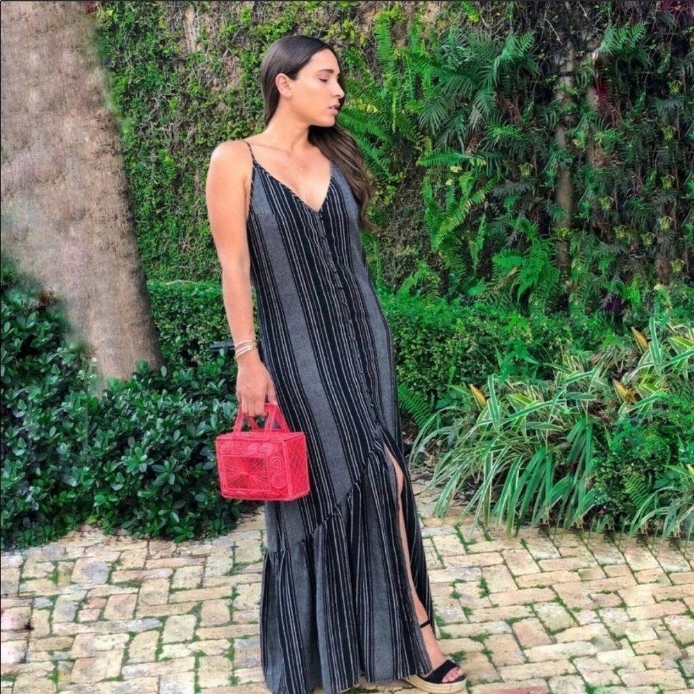 Aakaa Bianca Striped Maxi Dress Mermaid Hem Linen